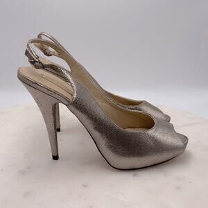 BCBGMAXAZRIA LibbyMet Pewter Metallic Peep Toe Heels 7.5 Holiday Party Pumps NYE